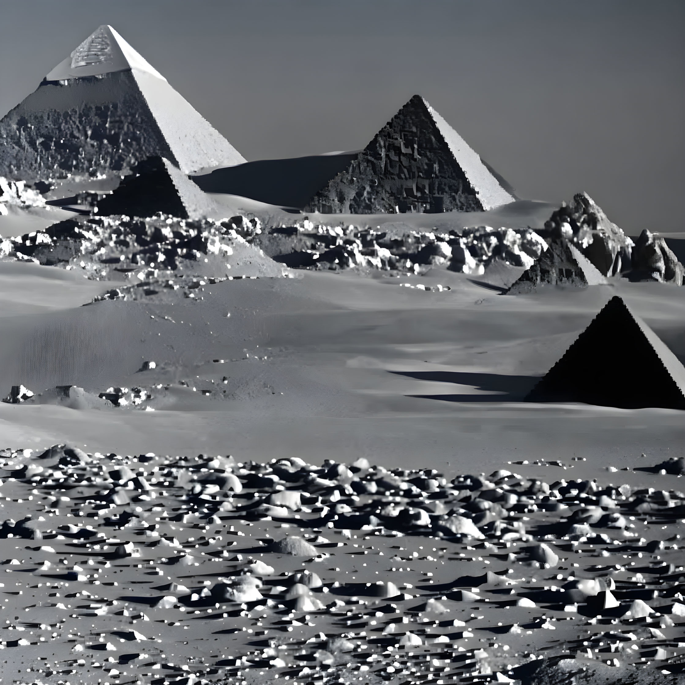 Monochrome image of Great Pyramids of Giza with shadows and textures