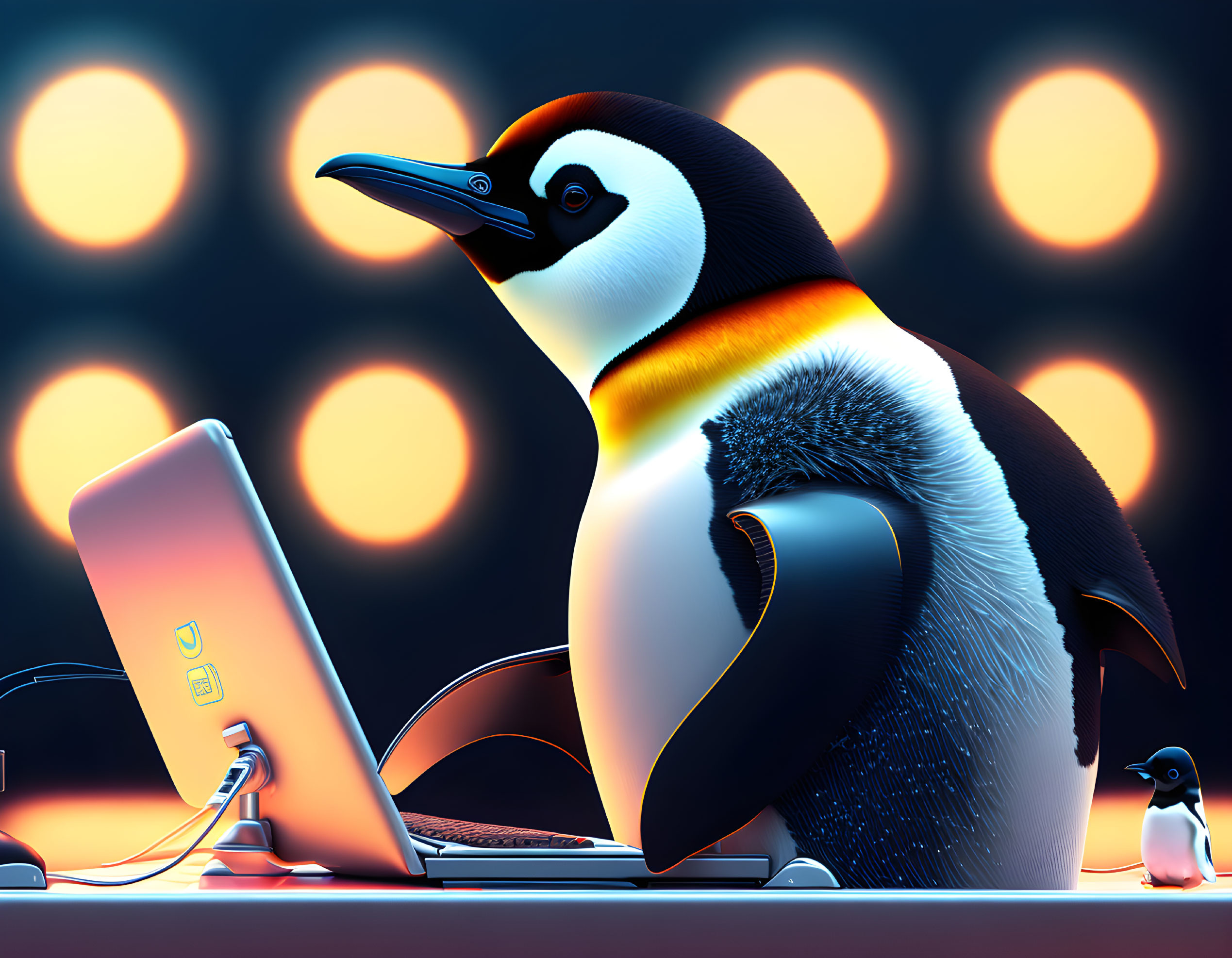 Anthropomorphized penguin with smartphone and glowing orbs.