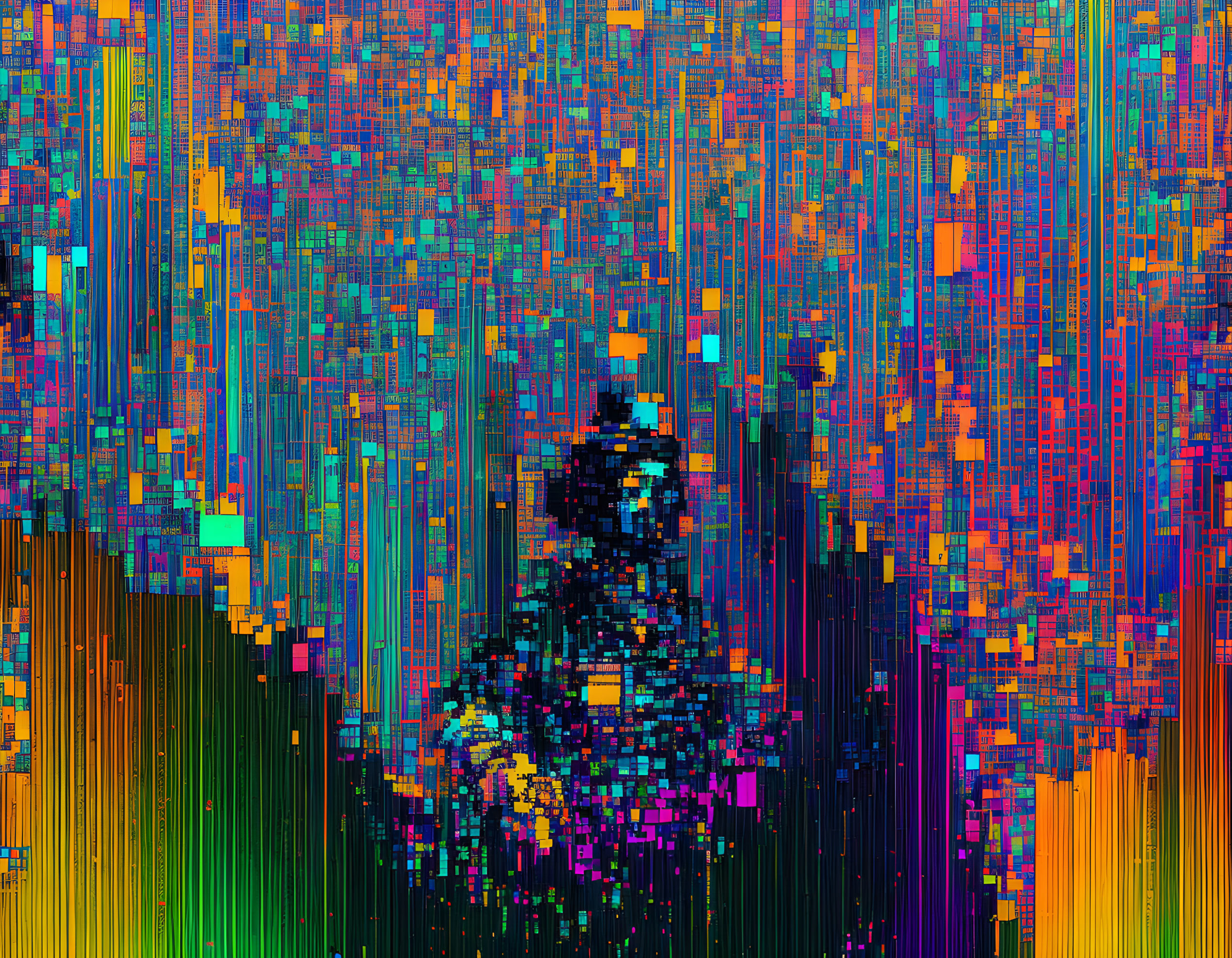 Vibrant abstract digital art with glitch patterns & pixelated blocks