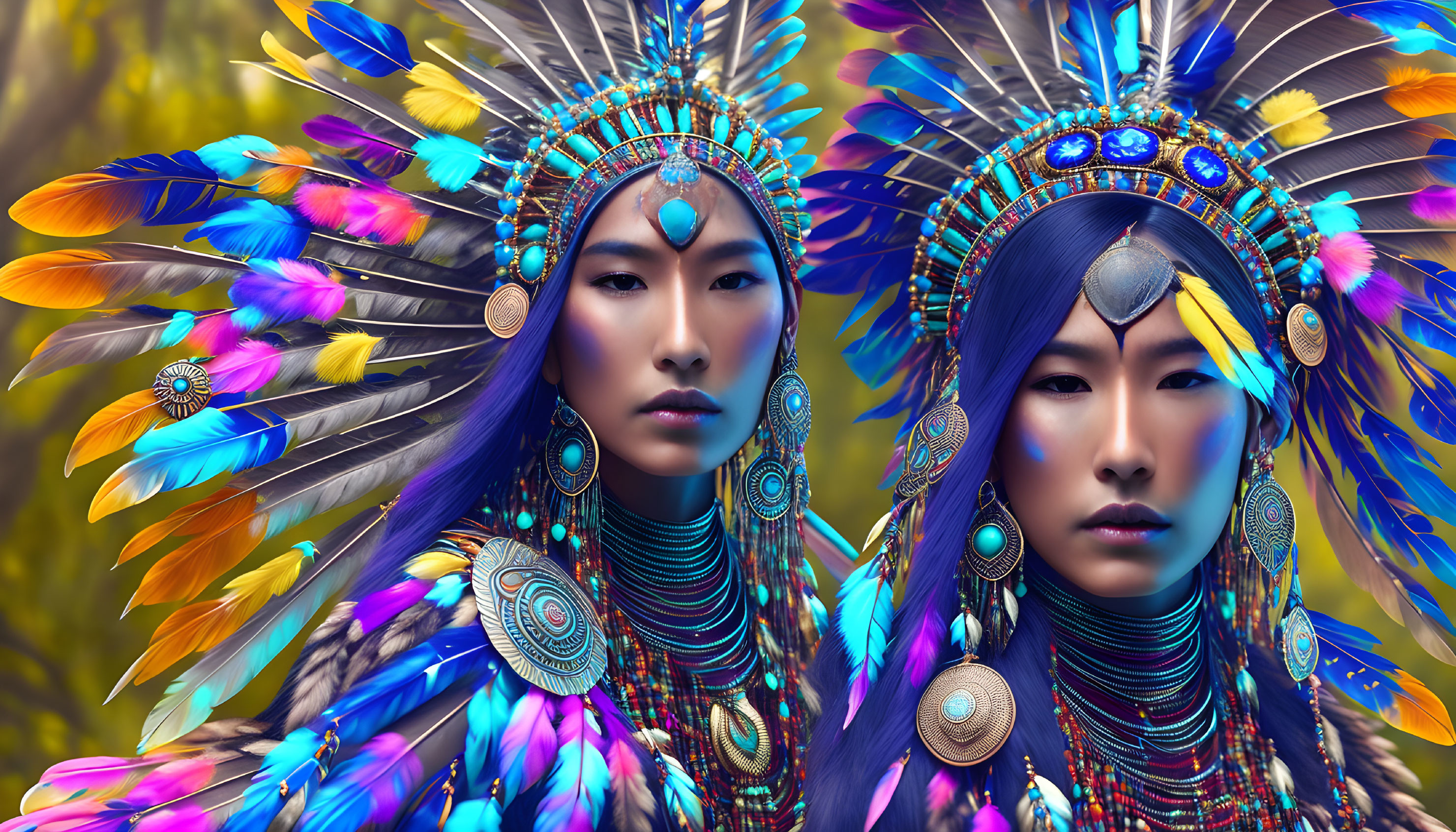 Vibrant individuals in feather headdresses and tribal jewelry with colorful backdrop