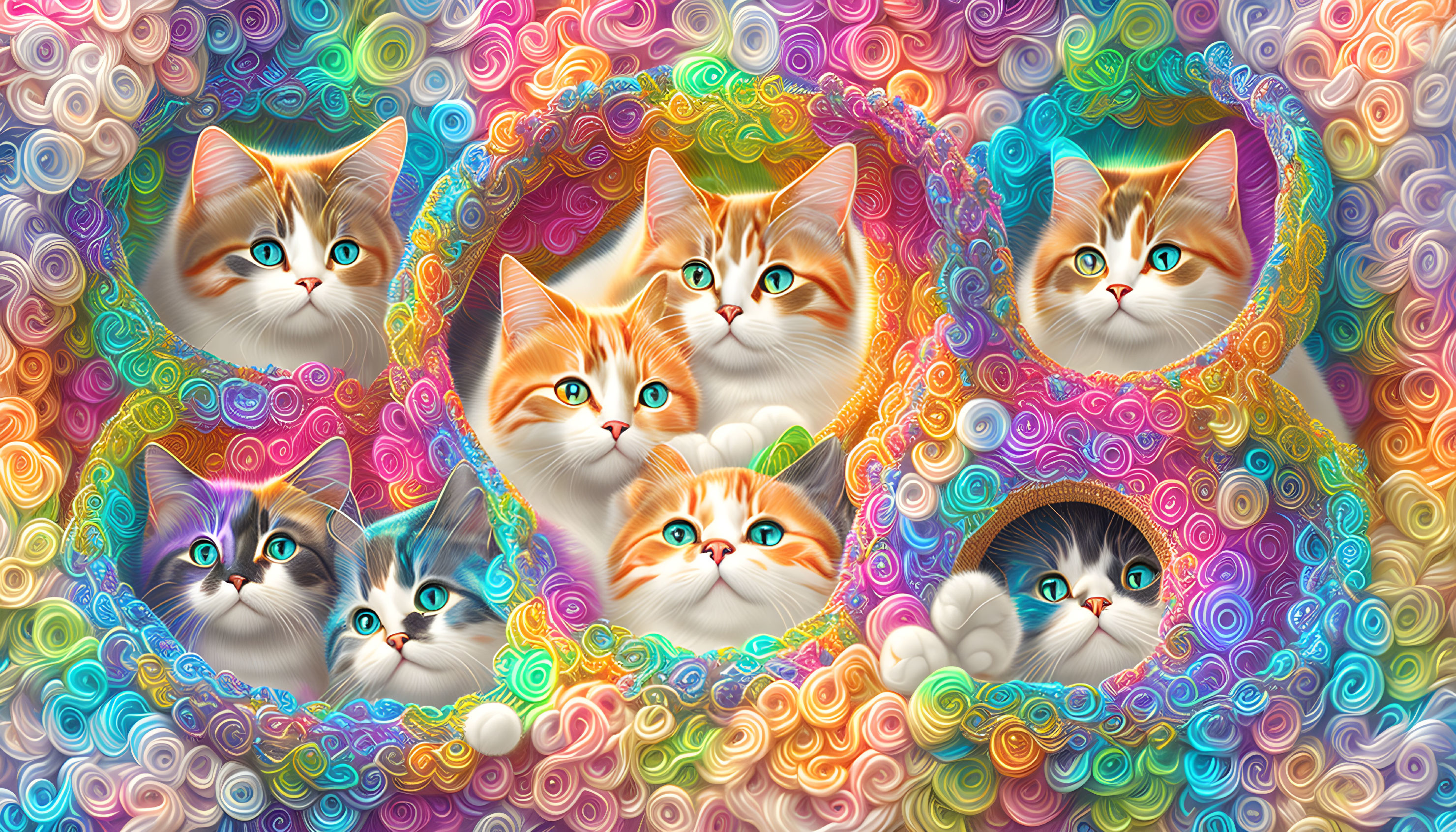 Colorful Cats in Psychedelic Swirl Patterns