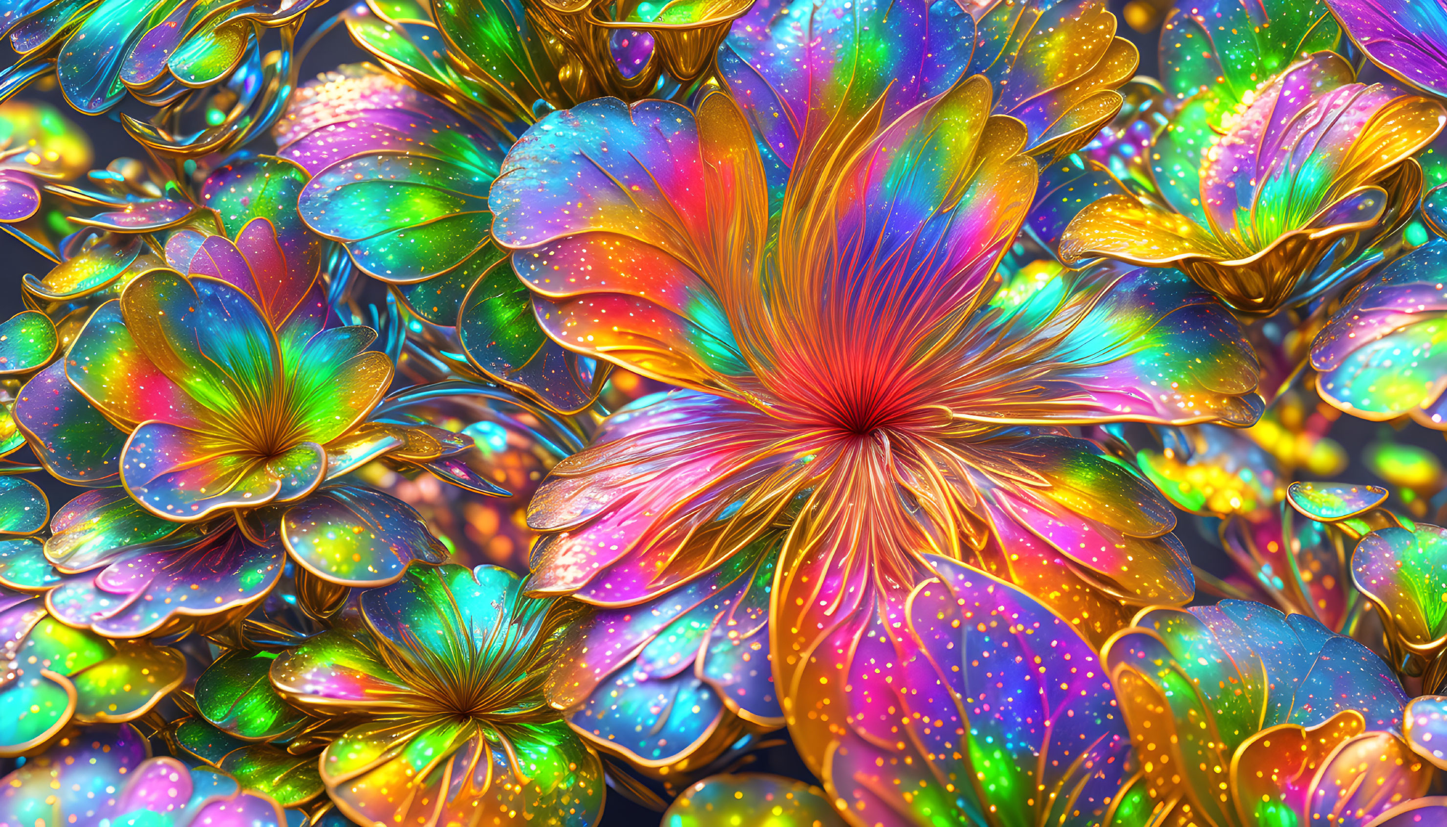 Colorful iridescent flower digital artwork with intricate patterns and glowing edges