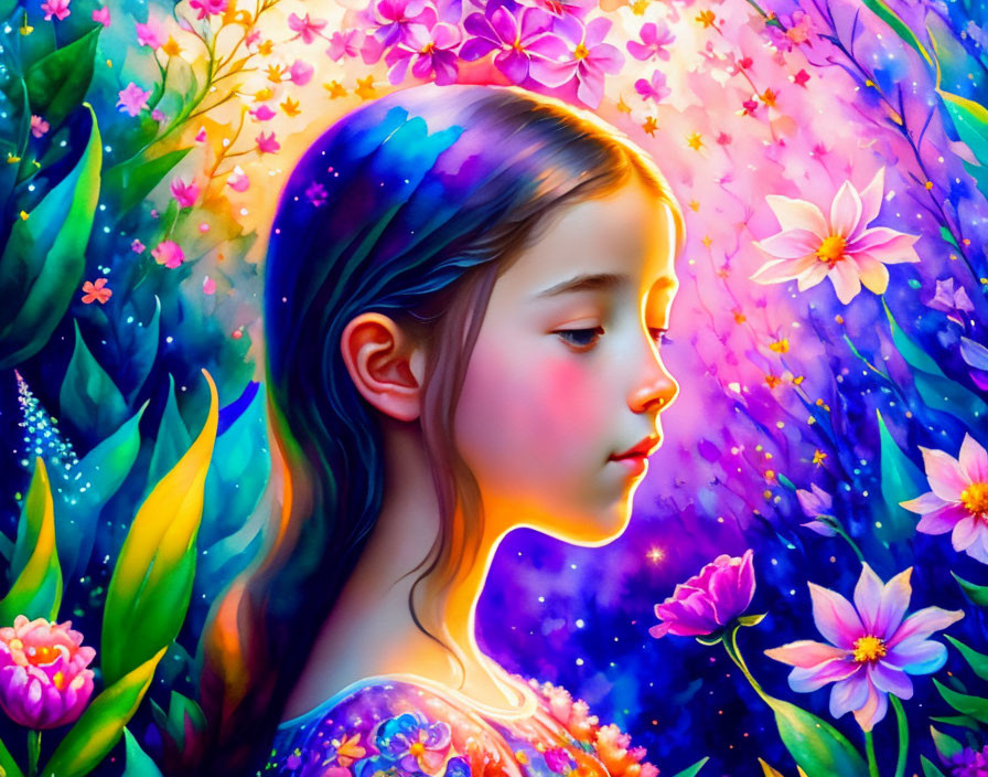 Colorful illustration of young girl in cosmic floral setting