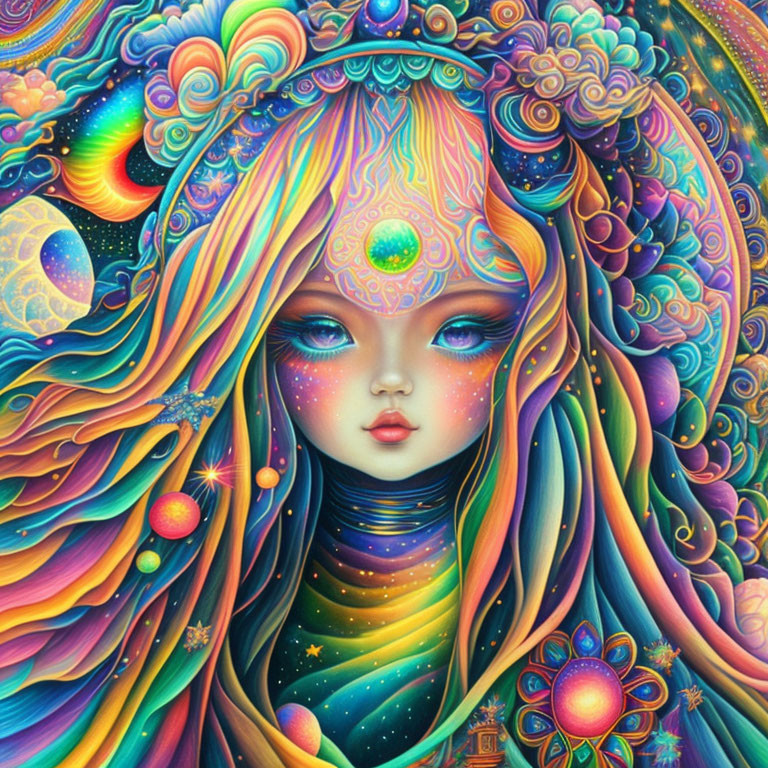 Colorful portrait of female figure with cosmic motifs and psychedelic patterns.