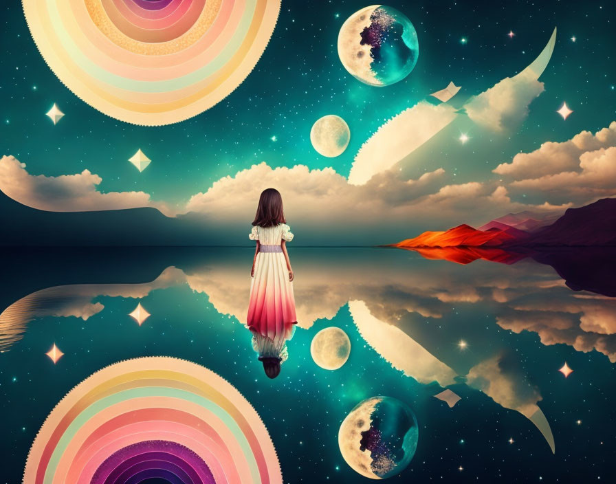 Girl in dress gazes at surreal celestial landscape