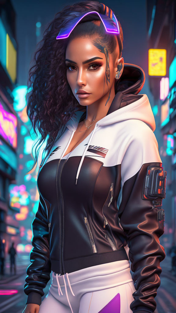 Stylized woman with glowing glasses in neon-lit urban setting wearing fashionable jacket