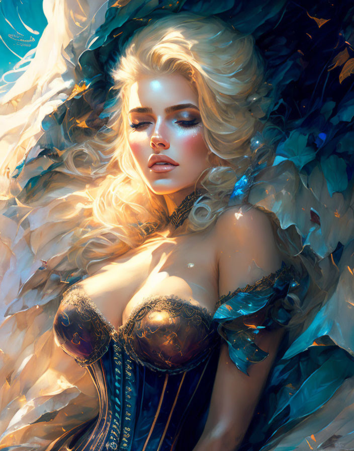 Blonde fantasy character with blue feathers and detailed corset