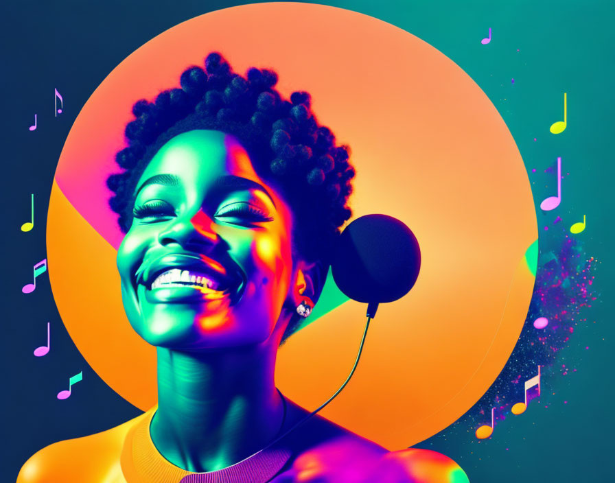 Colorful Illustration: Smiling Woman with Headphones and Musical Notes