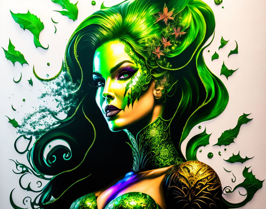 Fantasy-themed digital artwork of a woman with green makeup and leaf-adorned hair