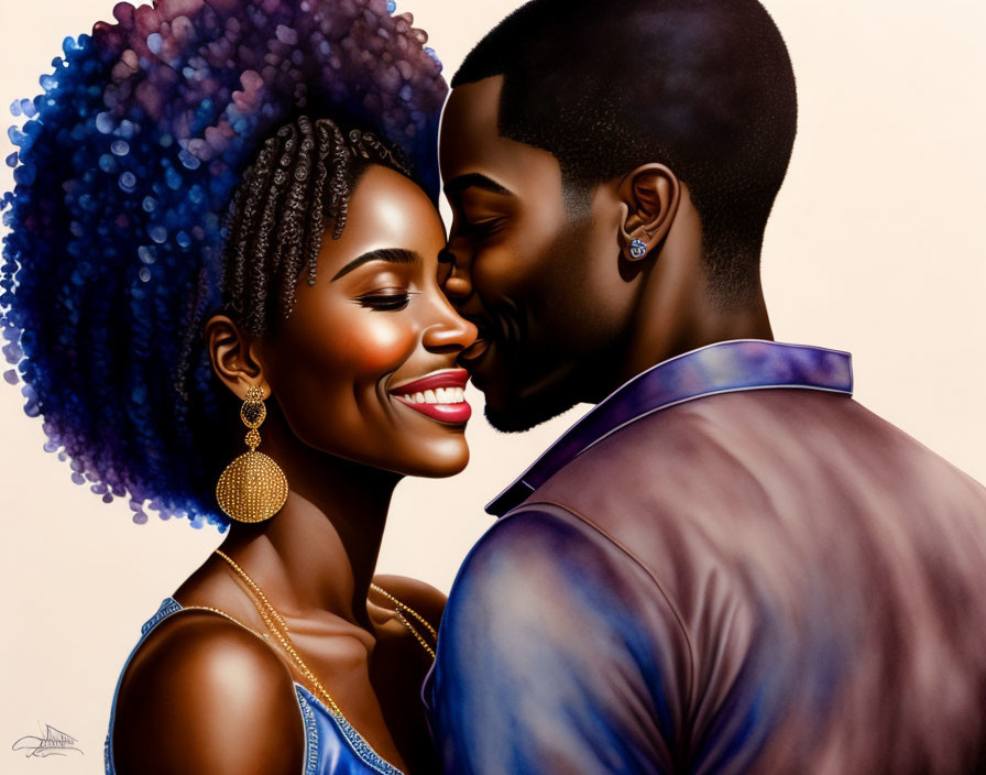 Digital illustration: Smiling couple with dark skin in intimate embrace