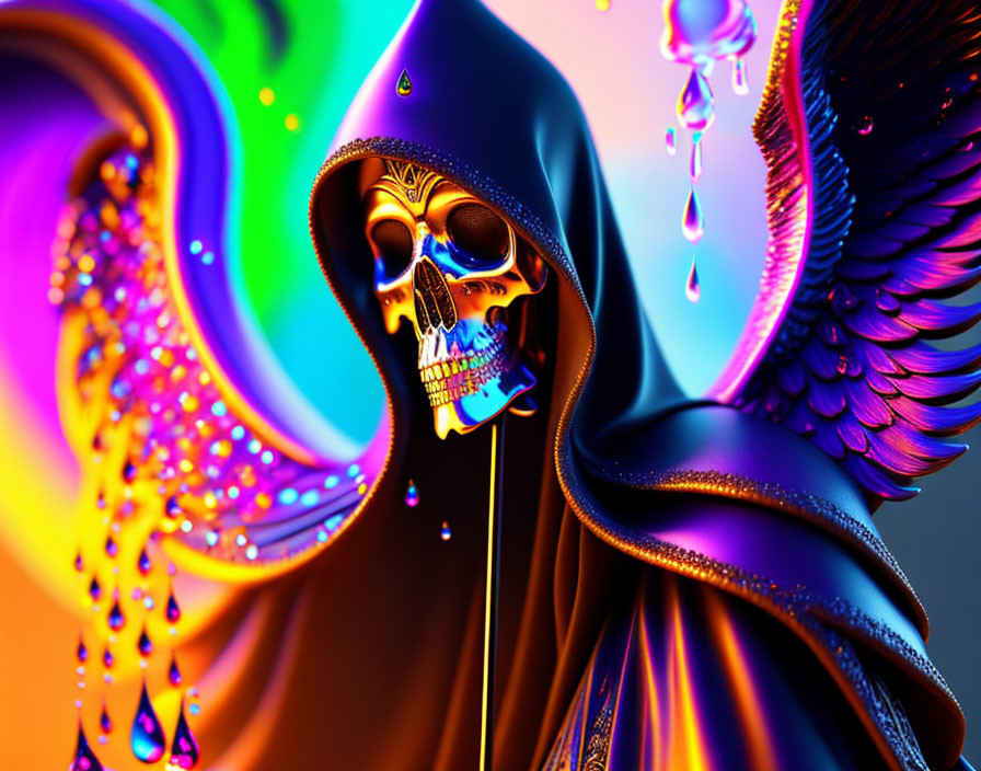 Colorful digital artwork: Skull with golden accents in cloak against swirling backdrop