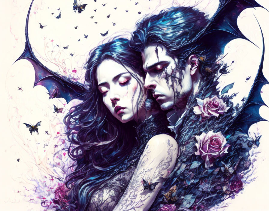 Fantasy-themed illustration with man, woman, winged figure, roses, and butterflies.