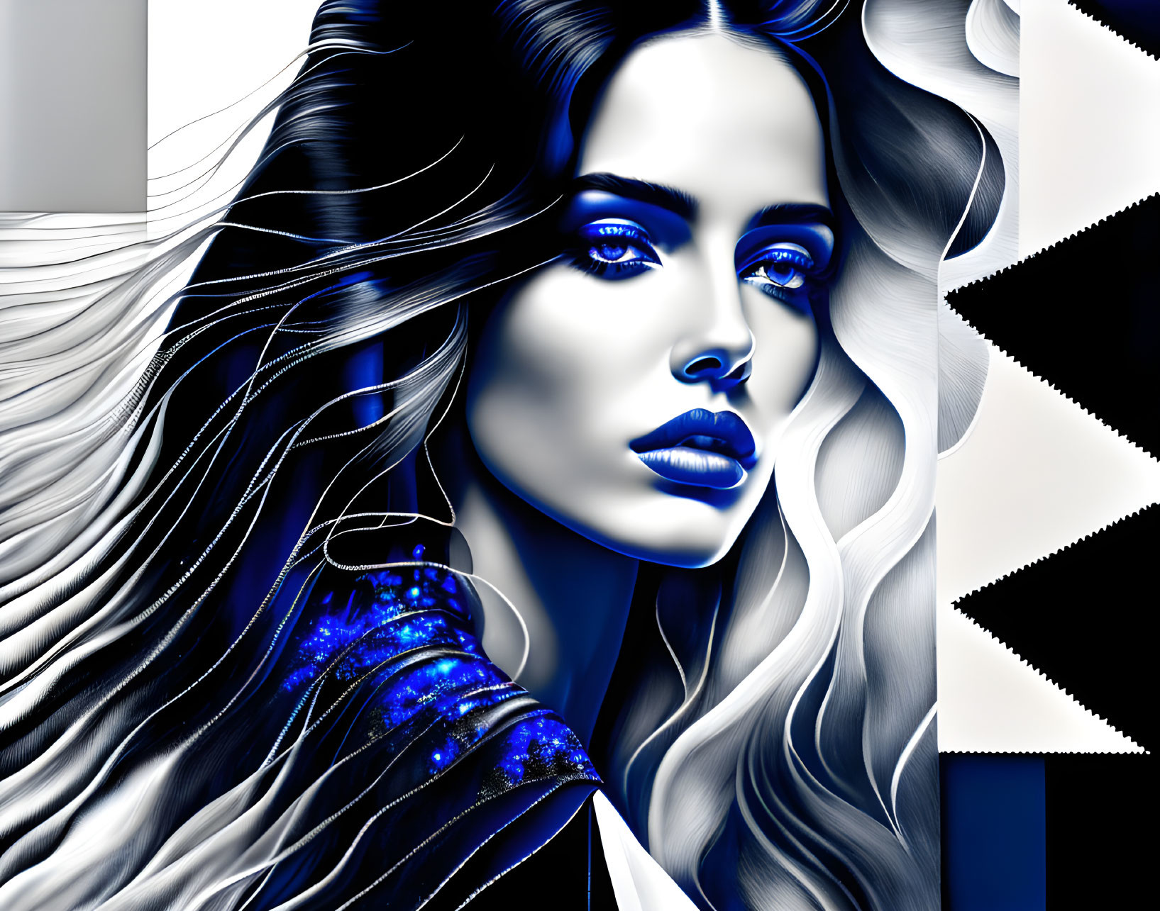 Blue-skinned woman in fantasy digital art with striking eyes and flowing hair against abstract backdrop.