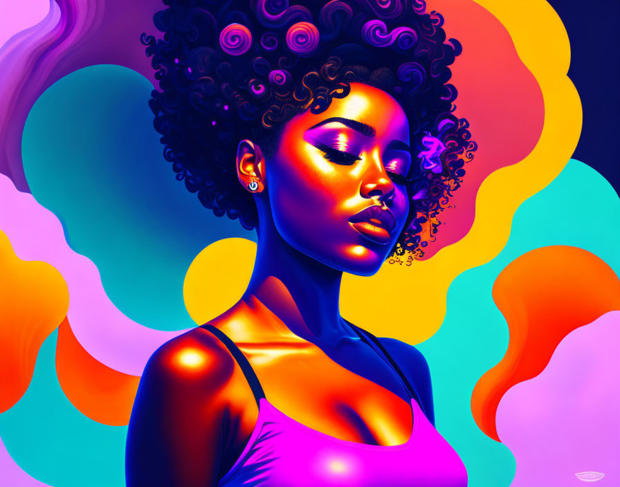 Colorful digital portrait of woman with afro and neon abstract shapes