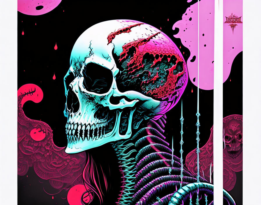 Neon-colored skull art with pink and black background