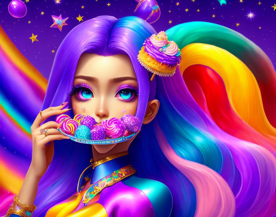 Colorful illustration: Female with purple hair, desserts, starry sky, rainbow aura