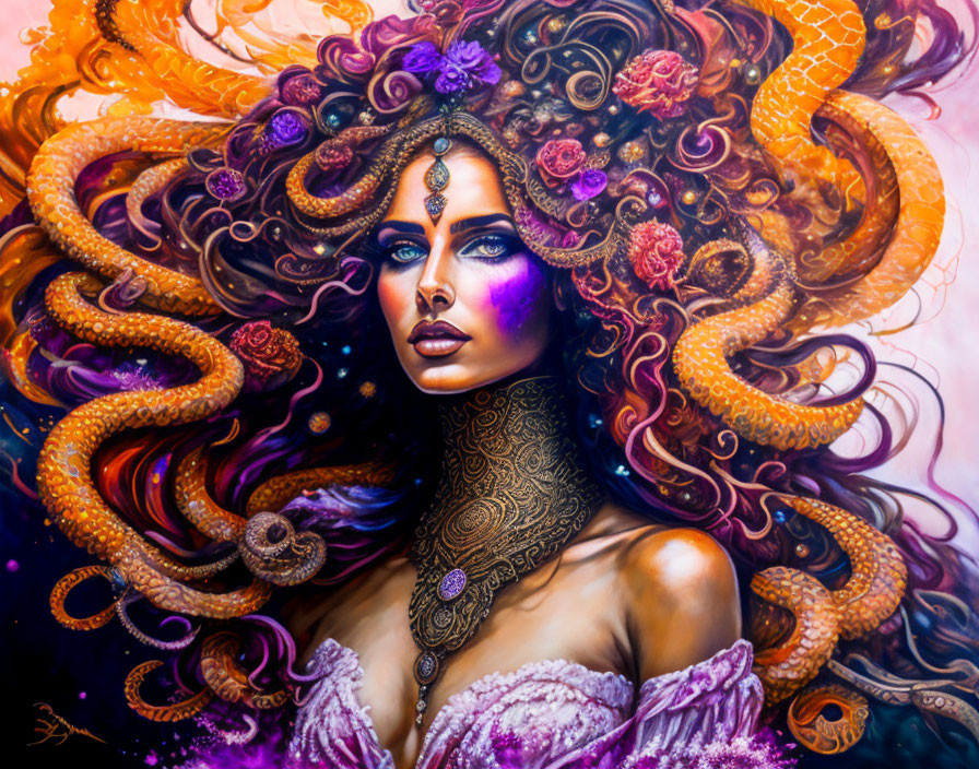 Vibrant orange octopus tentacles on woman with mystical purple theme