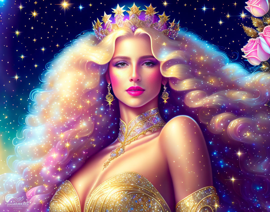 Golden-haired woman in starry crown and gown on celestial backdrop