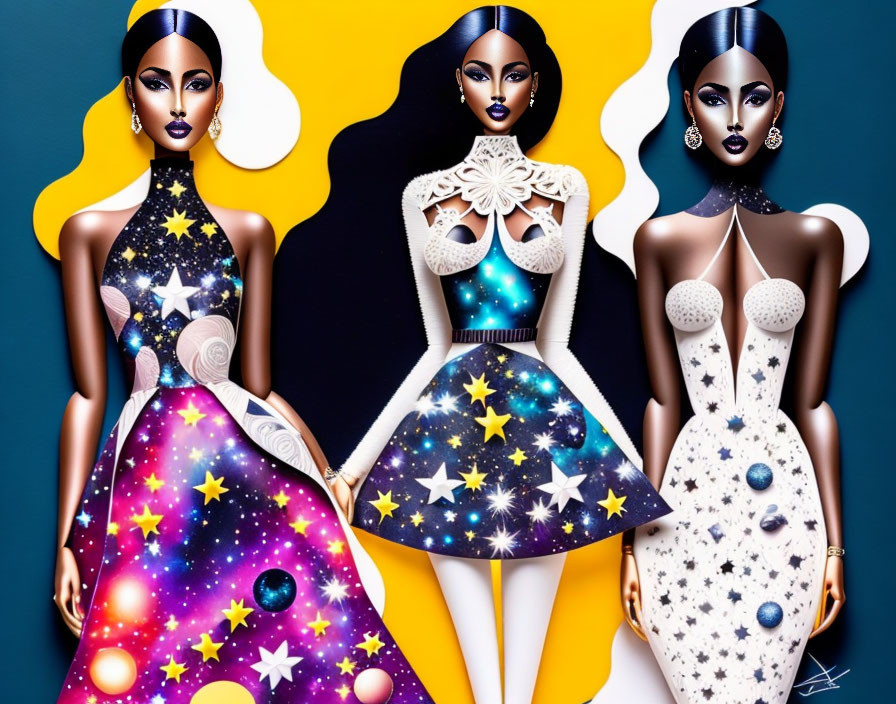 Stylized illustrations of women in avant-garde cosmic dresses