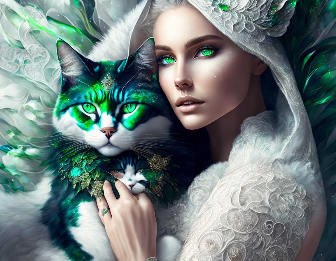 Woman in white attire holding a cat with green eyes in whimsical floral setting