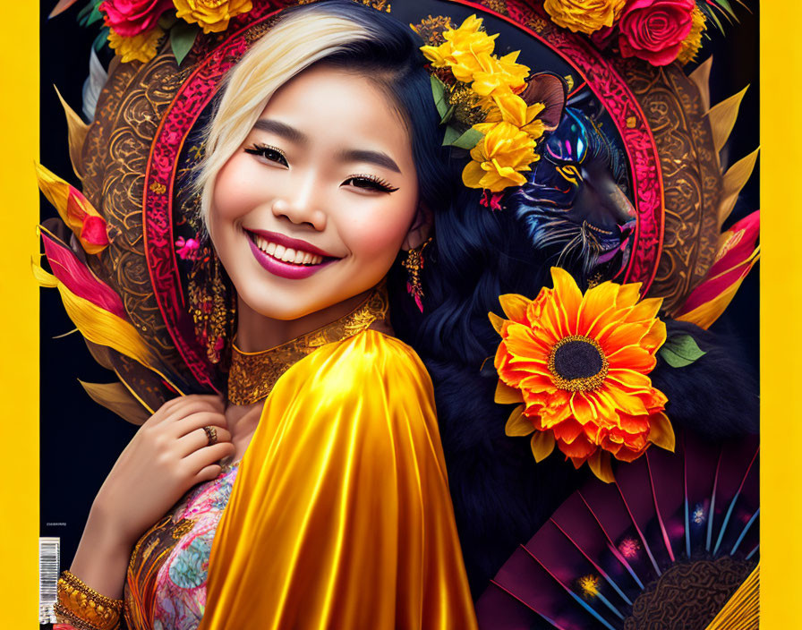 Colorful portrait of woman in traditional attire with black panther and floral patterns.