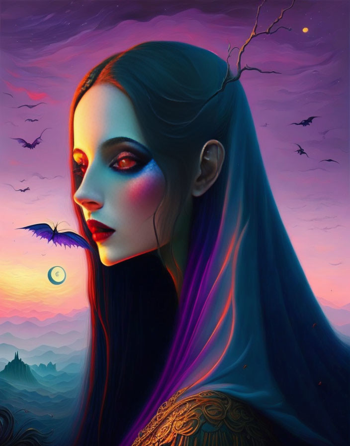 Fantasy portrait of a woman with blue hair, vibrant makeup, and bats in colorful sky