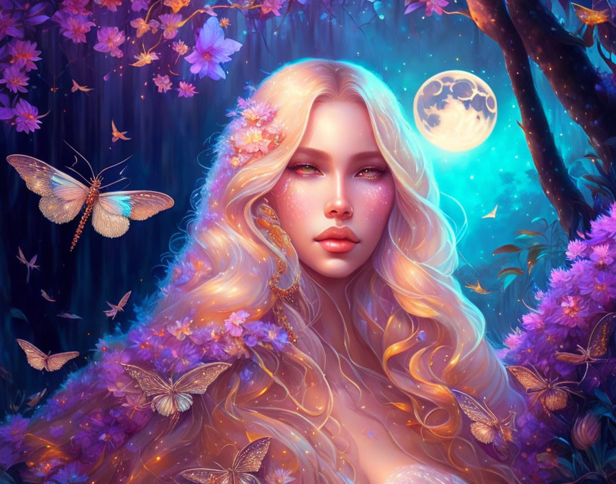 Blonde woman portrait with flowers, butterflies, moonlit forest