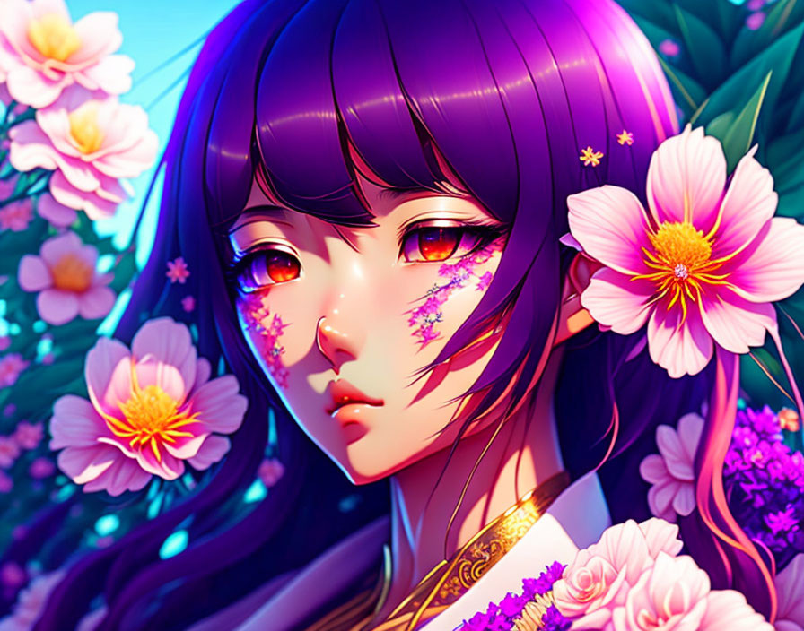 Illustration: Girl with purple hair and red eyes in mystical garden.