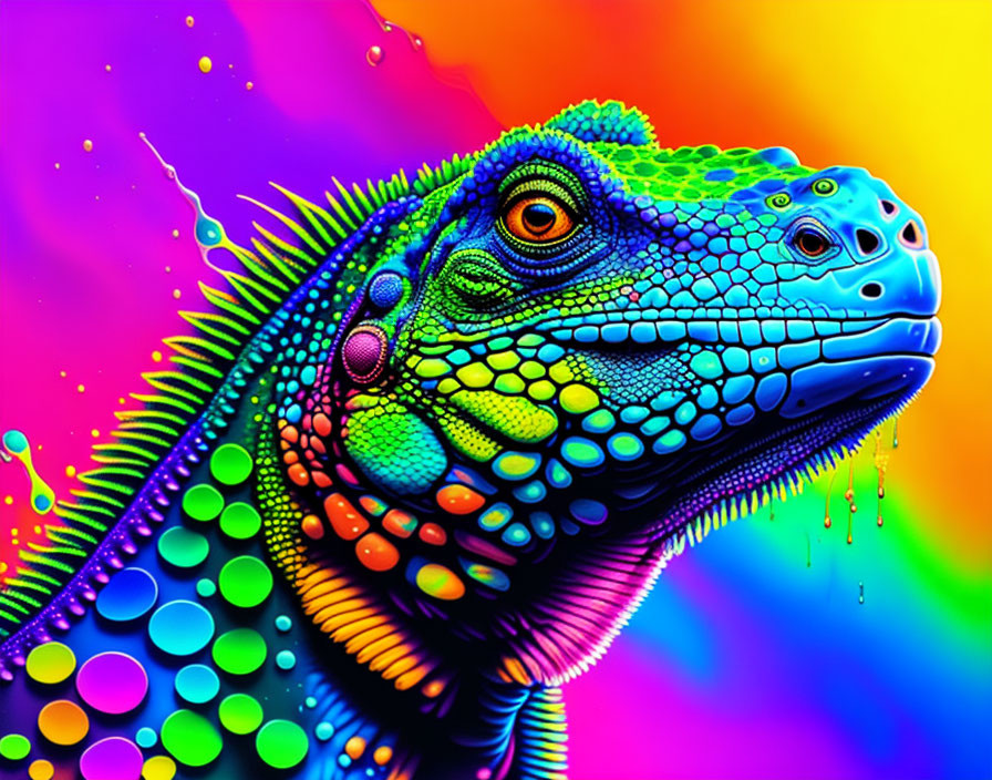 Colorful Psychedelic Iguana Illustration with Neon Hues