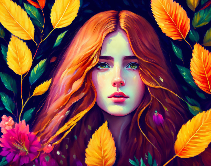 Digital artwork: Woman with red hair in autumn setting