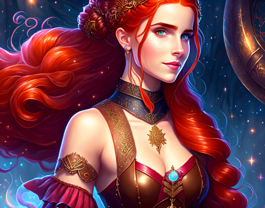 Fantasy portrait of woman with red hair and gold headdress.