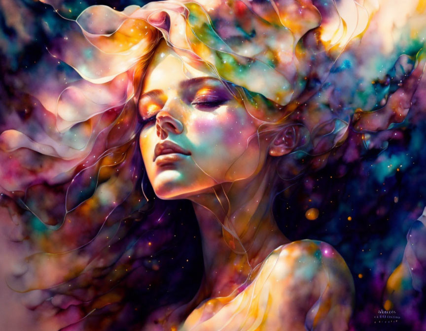 Colorful celestial being with flowing hair in vibrant artwork