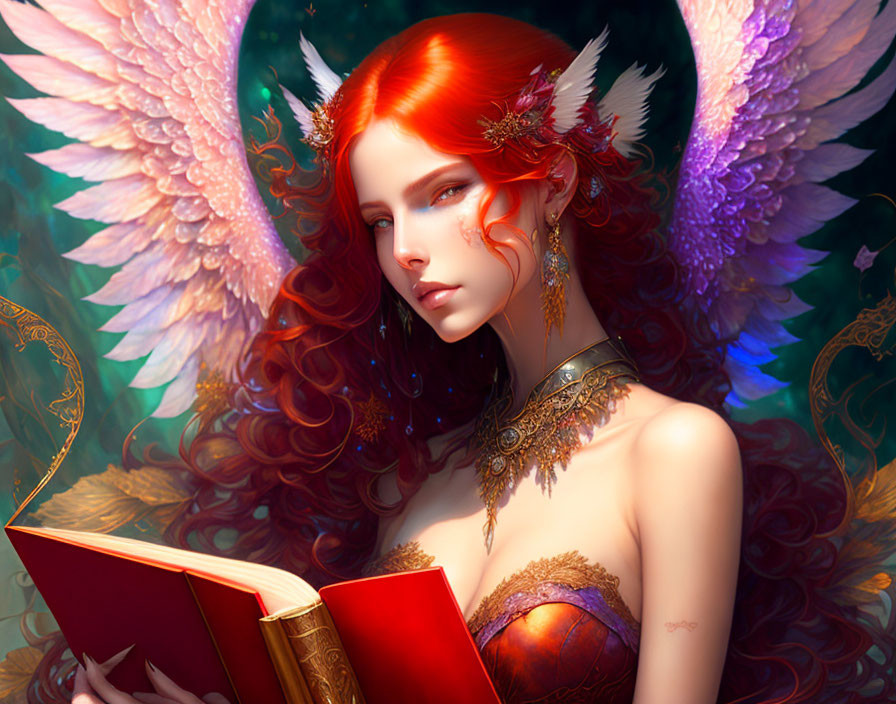 Fantastical image of red-haired woman with elfin ears reading book