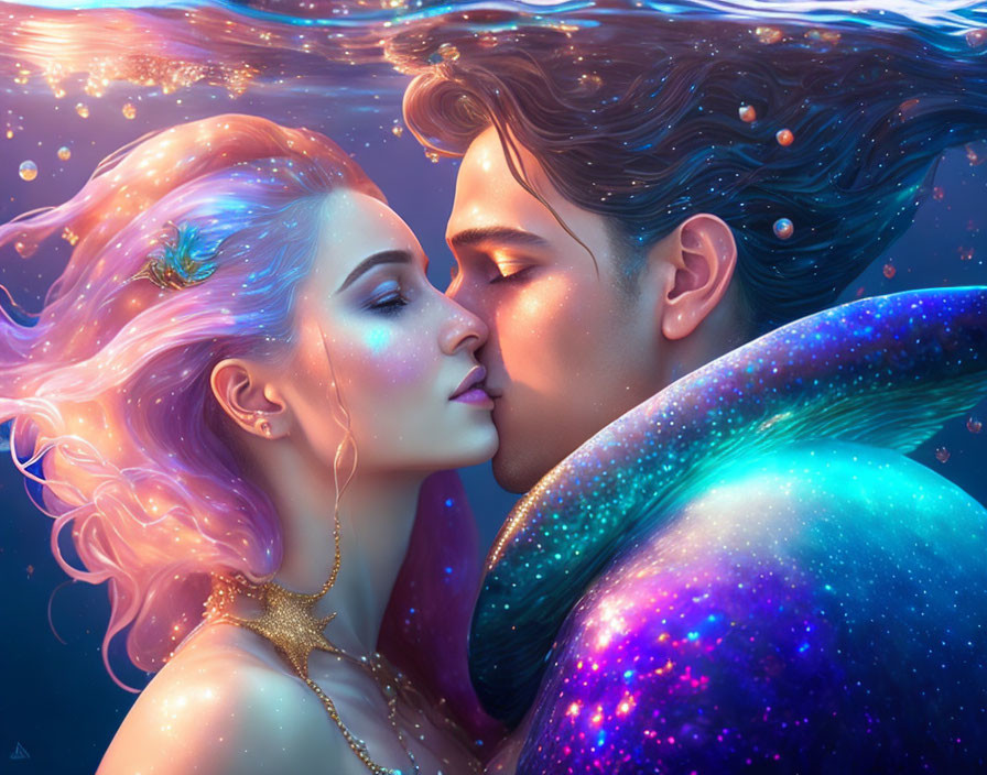 Romantic couple digital artwork with cosmic backdrop and flowing hair.