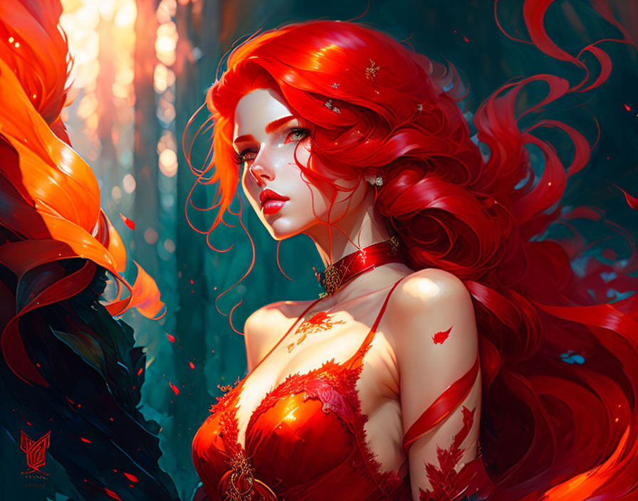 Digital artwork: Woman with flowing red hair in mystical forest.