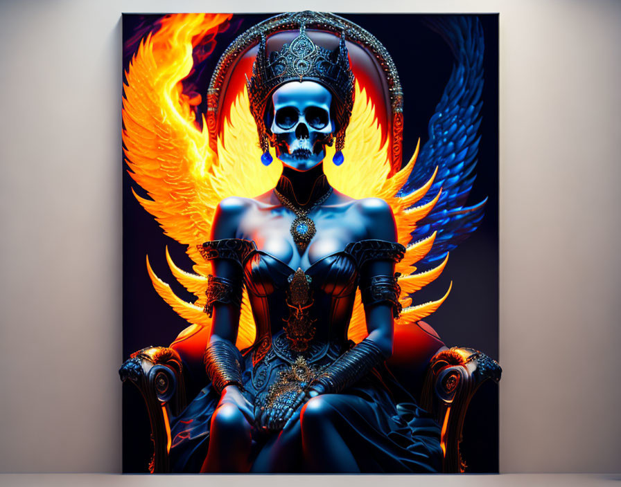 Colorful skeletal figure with headdress and jewels on flaming wing throne