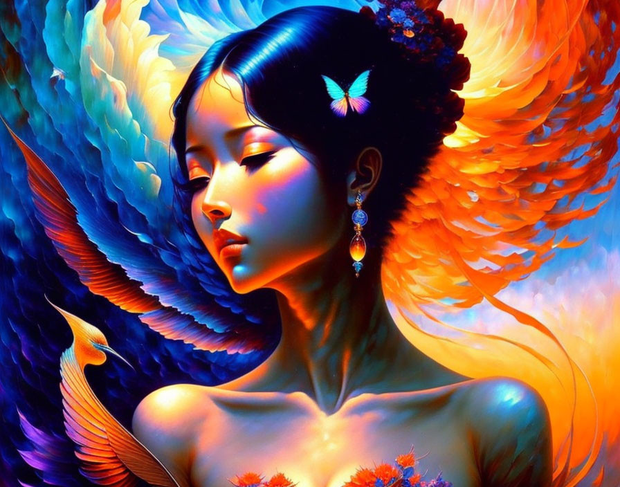 Colorful Phoenix and Butterfly Woman Artwork with Floral and Feathered Details