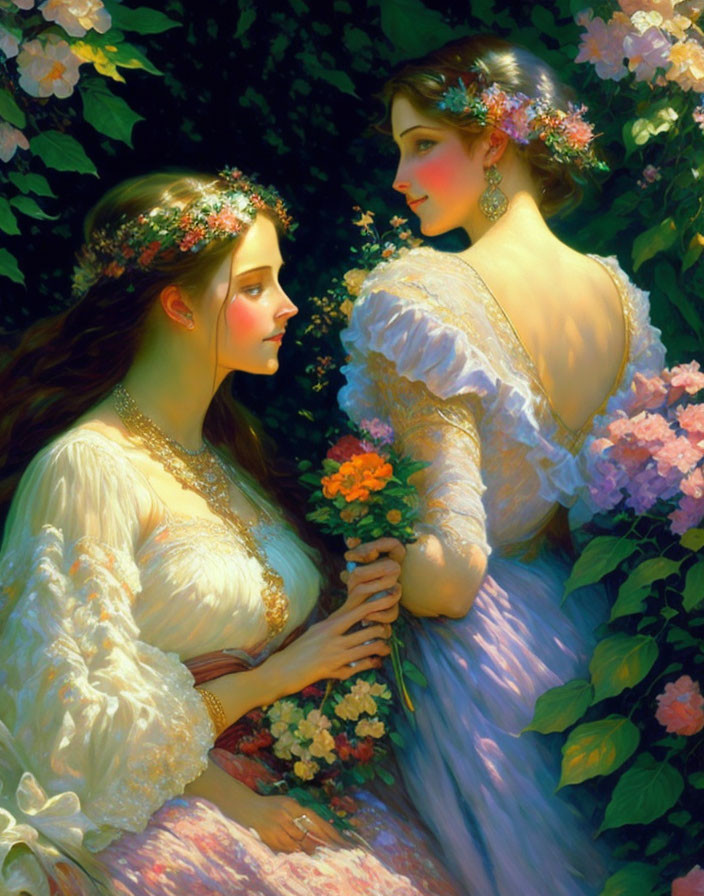 Two women in floral crowns and flowing gowns among lush flowers