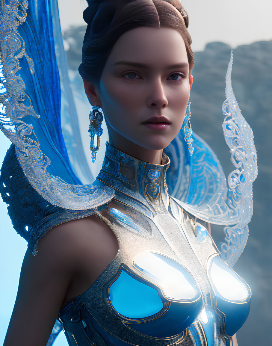 Futuristic woman with glowing blue angelic wings and attire on soft blue background