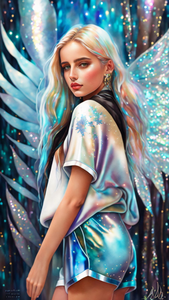 Fantasy illustration of woman with iridescent wings and hair in shimmering outfit