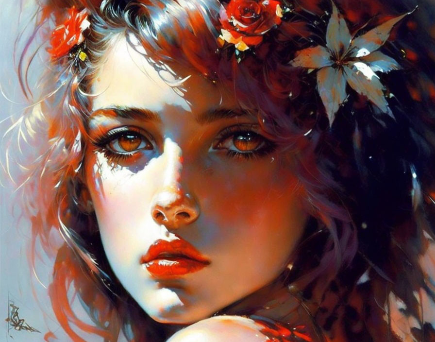 Detailed portrait of a woman with expressive eyes and red floral hair adornment