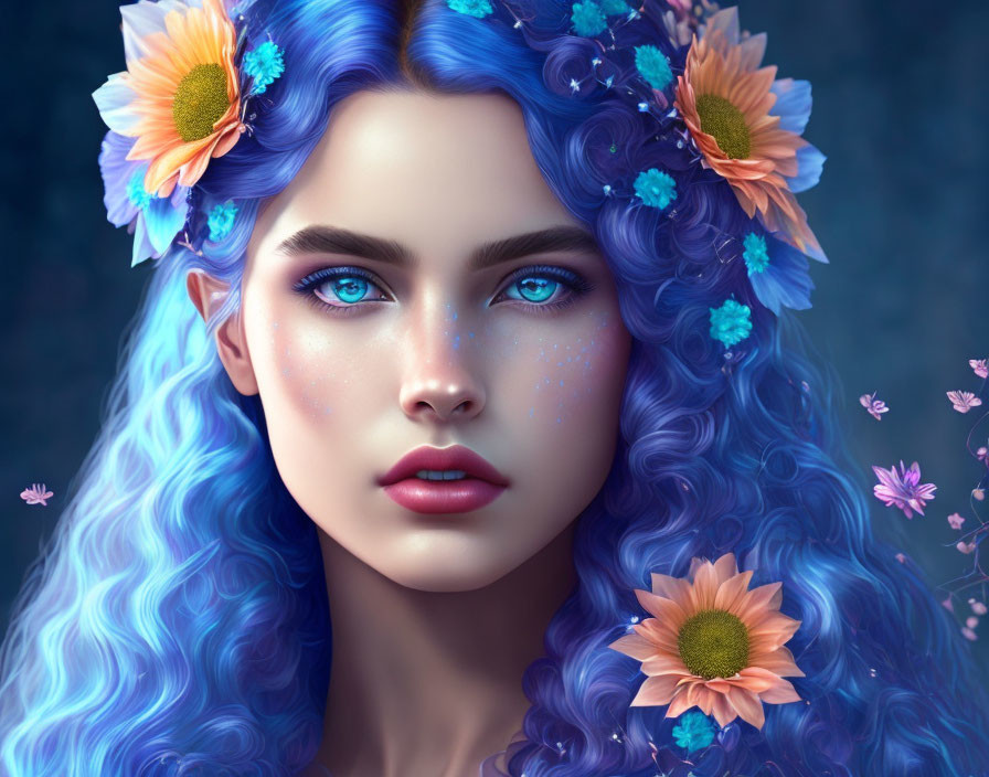 Vibrant blue hair woman with floral accents in digital art