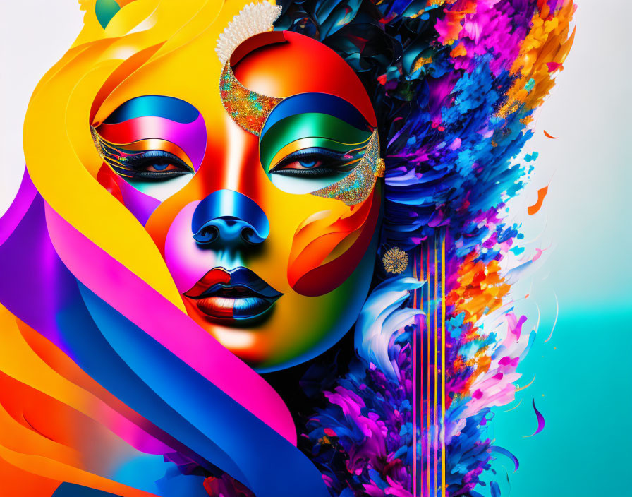 Colorful digital artwork of woman's face with vibrant patterns and floral textures