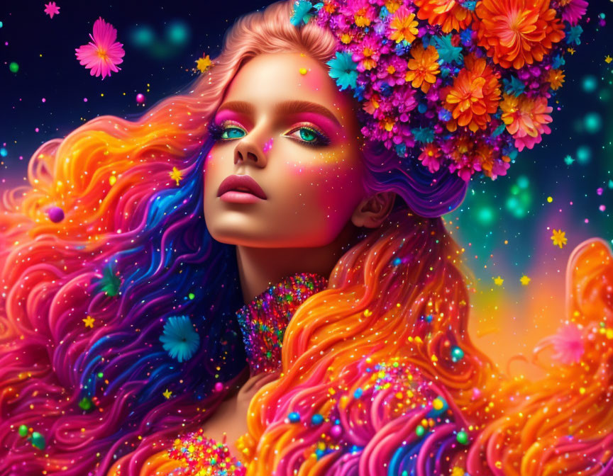 Vibrant artwork of a woman with flowing hair and bright flowers in a magical neon-lit setting