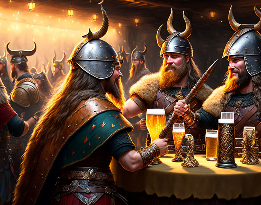 Vikings celebrating in a festive hall with beer mugs and traditional attire.