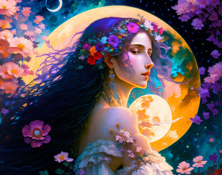 Fantasy art of woman with floral adornments in cosmic setting