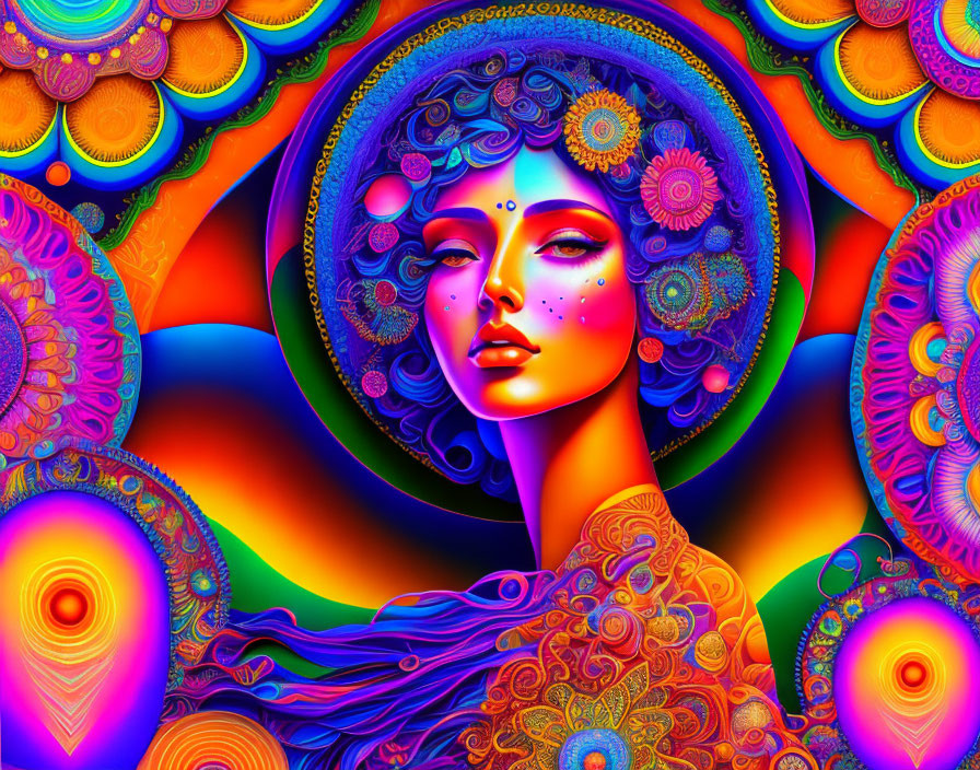 Colorful digital artwork of a woman with psychedelic patterns in a surreal mandala backdrop