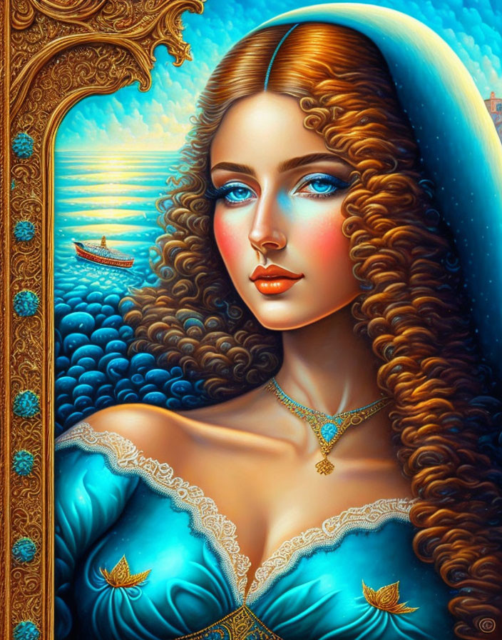 Portrait of woman with long, wavy hair in blue dress by window overlooking sea and boats.