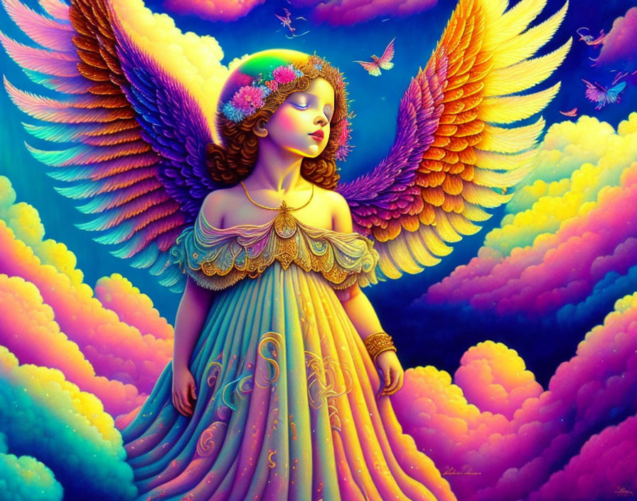 Colorful angelic figure with wings in gold dress among clouds.