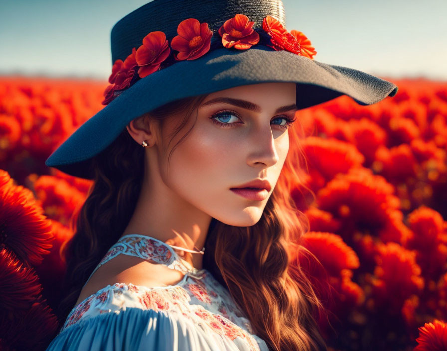 Woman in Floral Hat Surrounded by Red Flowers and Soft Light